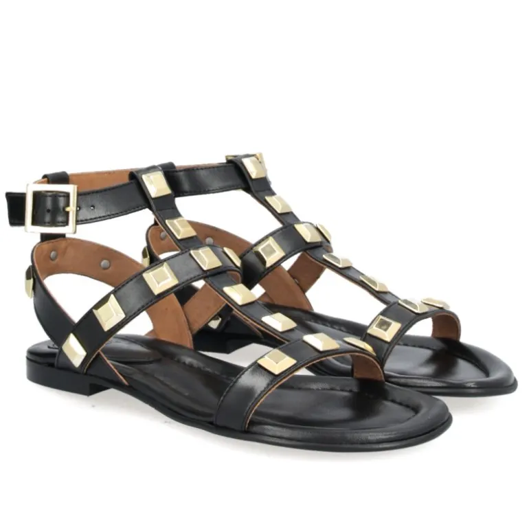 Billi Bi A1625 sandal i sort skind med remme og guldnitter