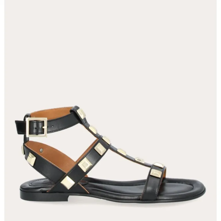 Billi Bi A1625 sandal i sort skind med remme og guldnitter