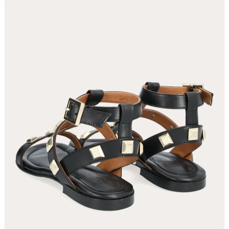 Billi Bi A1625 sandal i sort skind med remme og guldnitter