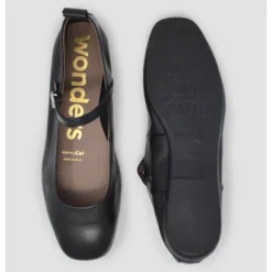 Wonders A-86101 ballerina sko i sort skind med rem
